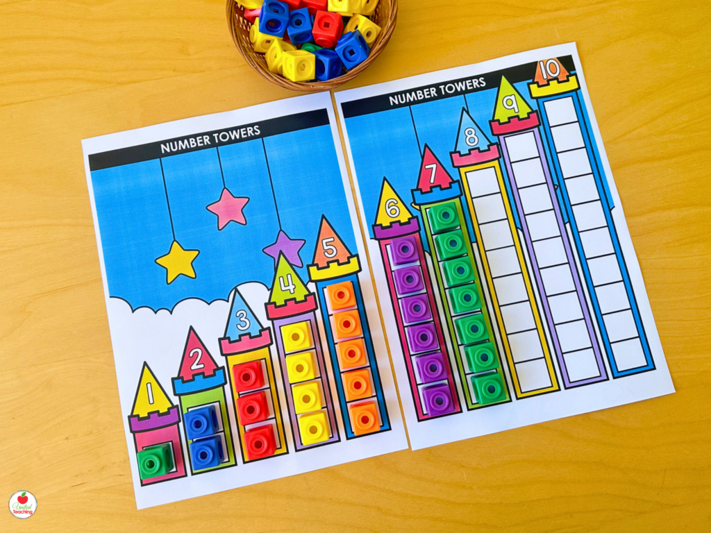 Number Towers activity mats showing math cube towers increasing in height from 1 to 10 for kindergarten counting and comparing