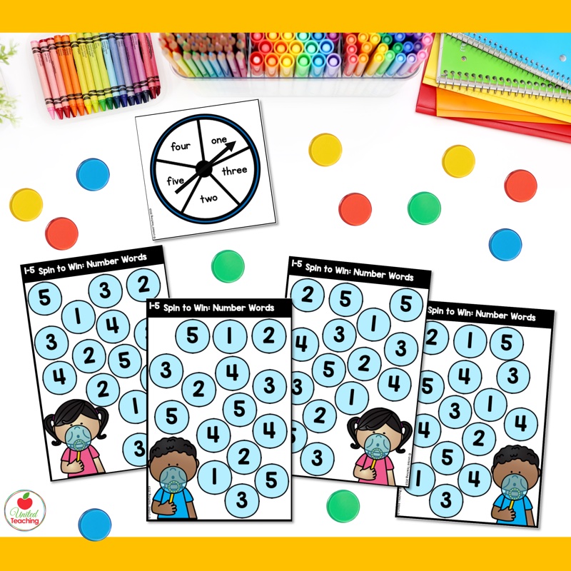 Number words 1-5 math spinner games kindergarten showing 4 game boards and spinner