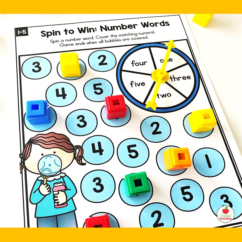 Number words 1-5 spinner game for individual play in kindergarten