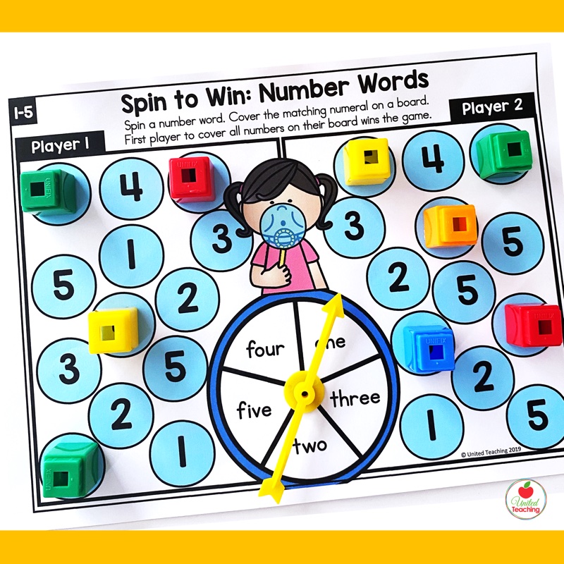 Number words spinner game partner version for kindergarten math centers