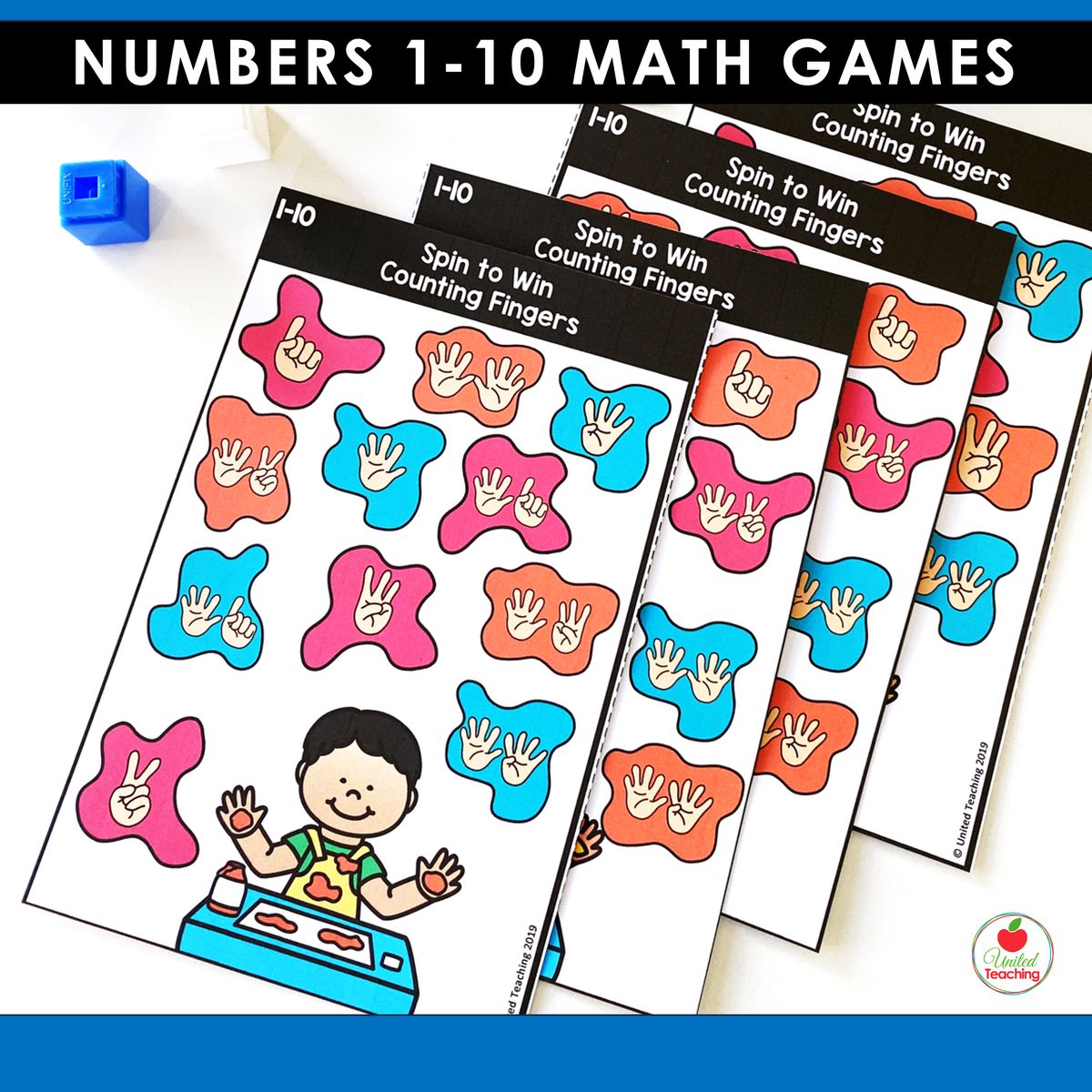 Counting Fingers spin-and-cover game for numbers 1-10 showing multiple colorful game boards with finger counting images