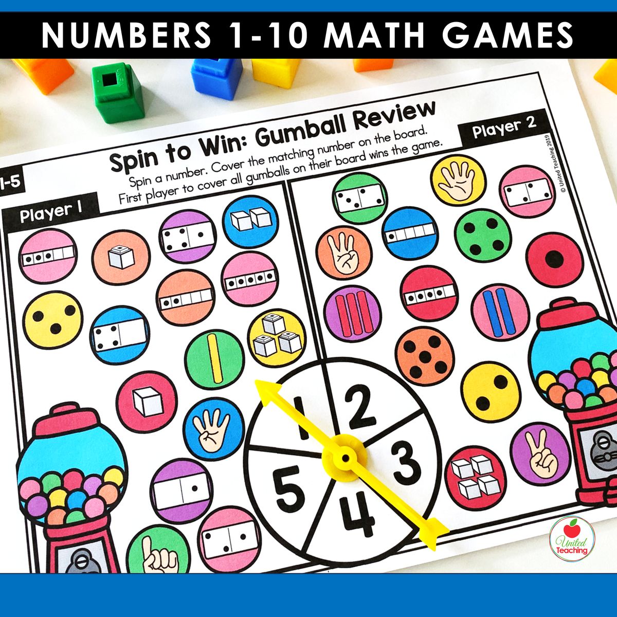 Gumball Review spin-and-cover partner game for numbers 1-5 showing two game boards with colourful gumballs displaying multiple number representations and a number spinner