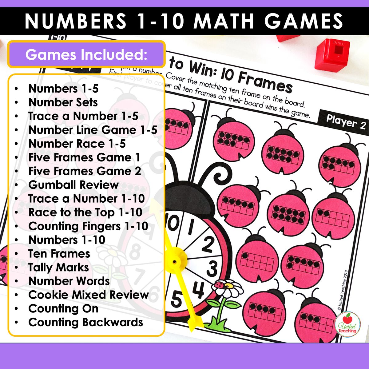 Full list of all 18 games in the Numbers 1-10 set of the bundle, from Numbers 1-5 through Counting Backwards, shown beside a ten frames ladybug spin-and-cover partner game