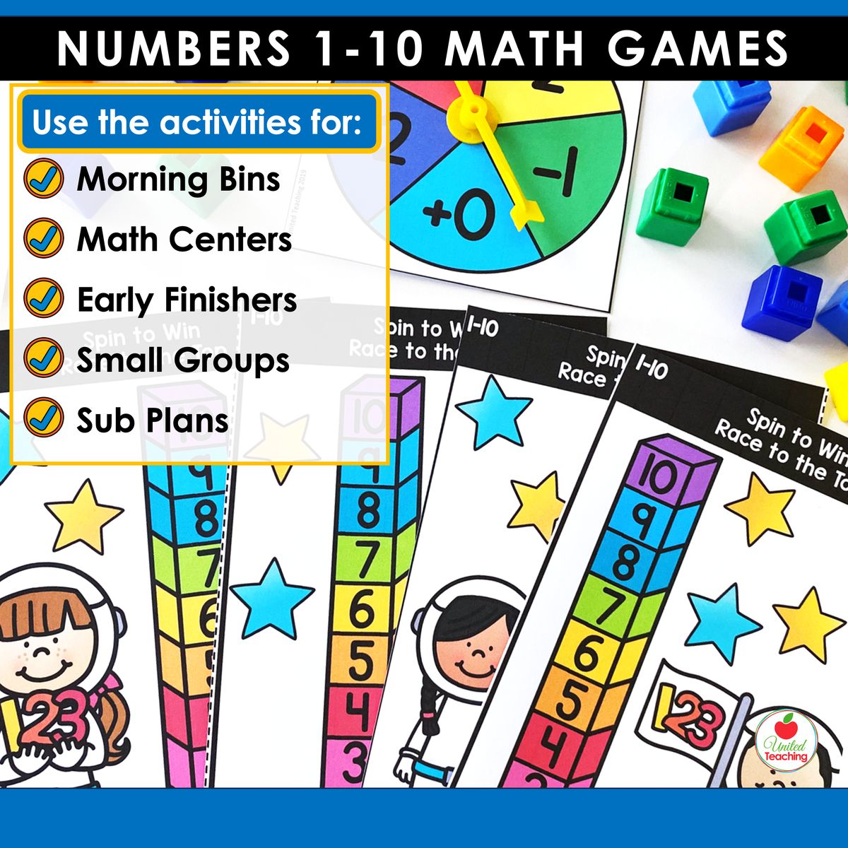 Numbers 1-10 math games How to Use slide listing morning bins, math centers, early finishers, small groups, and sub plans, with the Race to the Top number tower game and rocket spinner