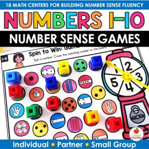 Numbers 1-10 number sense games product cover showing a spin-and-cover game mat with math cubes and a number spinner for individual, partner, and small group play in kindergarten