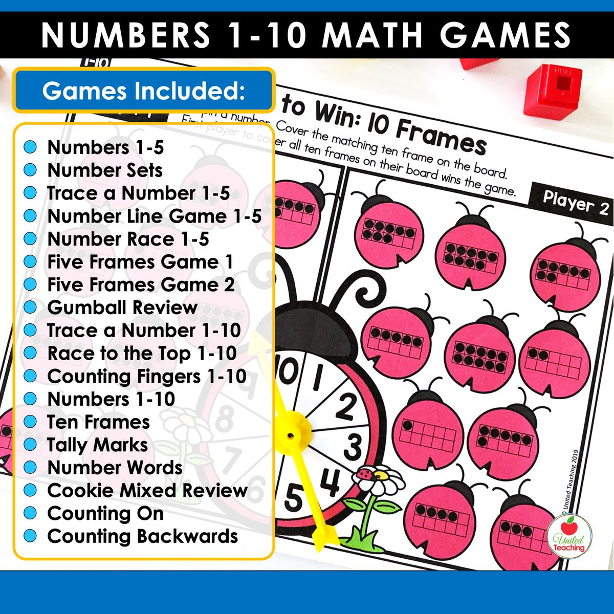 Full list of all 18 games included in the Numbers 1-10 math centers, from Numbers 1-5 through to Counting Backwards, shown beside a ten frames ladybug-themed spin-and-cover game