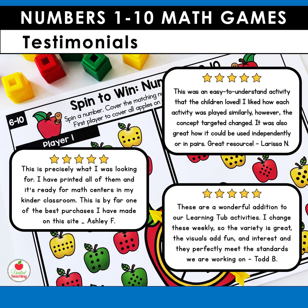 Five star teacher reviews for Numbers 1-10 math spinner games shown alongside an apple-themed spin-and-cover partner game board