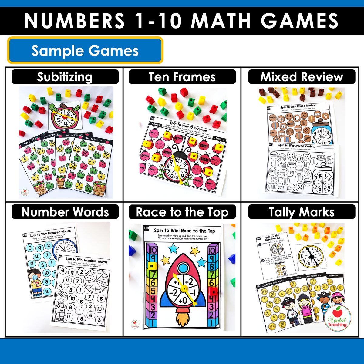 Sample games from the Numbers 1-10 math centers collection showing subitizing, ten frames, mixed review, number words, race to the top, and tally marks game boards