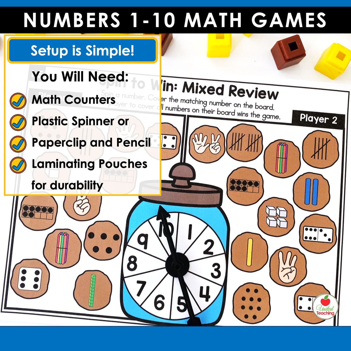 Numbers 1-10 math games Setup is Simple slide showing materials needed — math counters, plastic spinner or paperclip and pencil, and laminating pouches — with a mixed review spin-and-cover game board