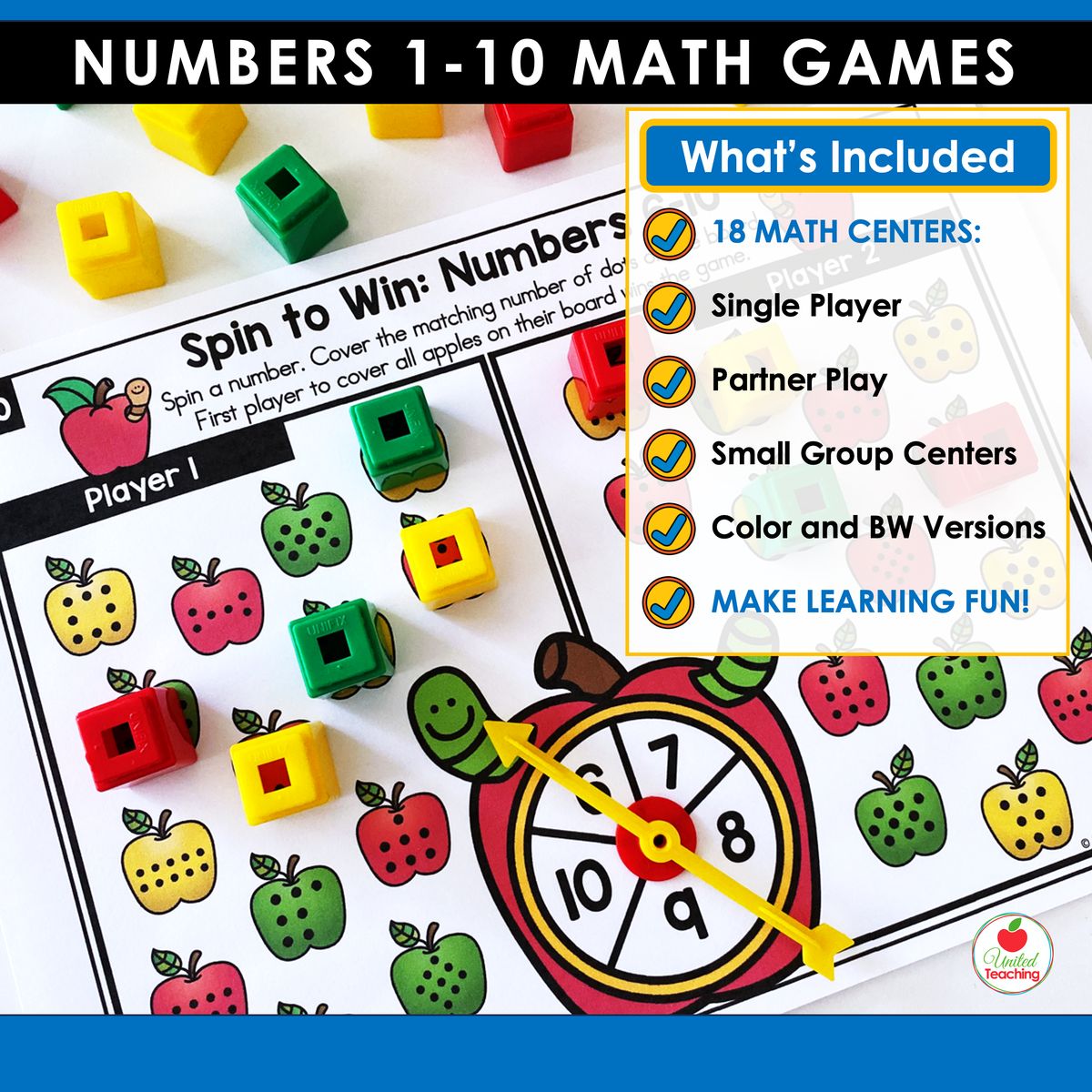 Numbers 1-10 math games What's Included slide showing 18 math centers with single player, partner play, small group centers, and color and black-and-white versions, featuring an apple-themed spin-and-cover partner game