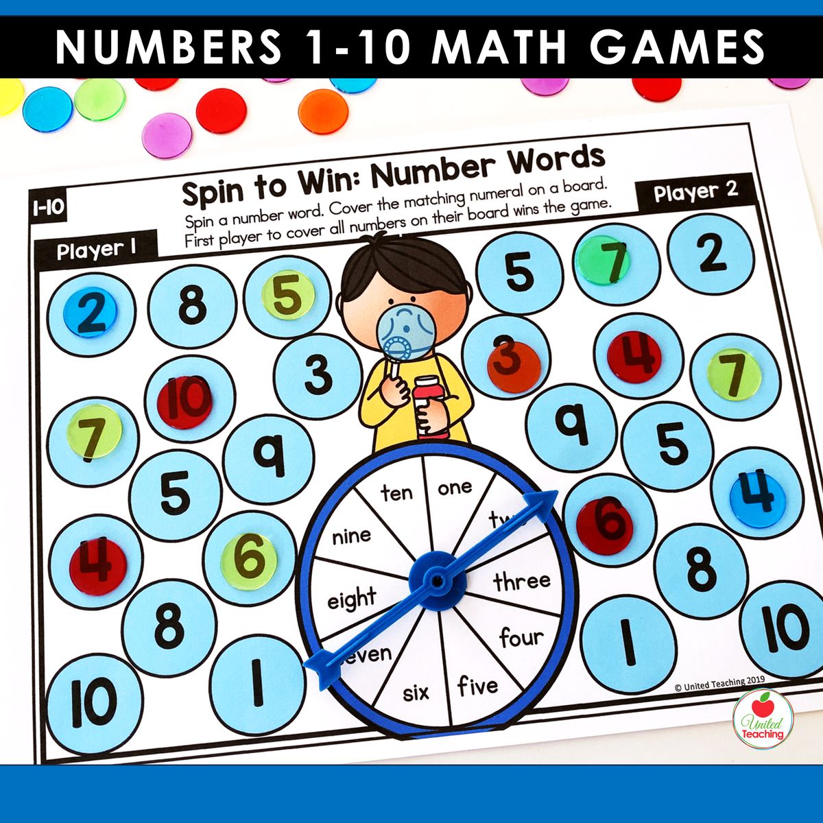 Number Words spin-and-cover partner game for numbers 1-10 showing two player boards with numeral circles and a spinner displaying written number words one through ten