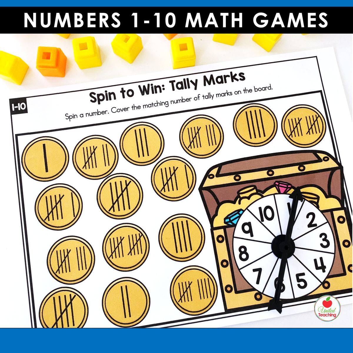 Tally Marks spin-and-cover game for numbers 1-10 showing a treasure chest themed game board with tally mark coins and a number spinner
