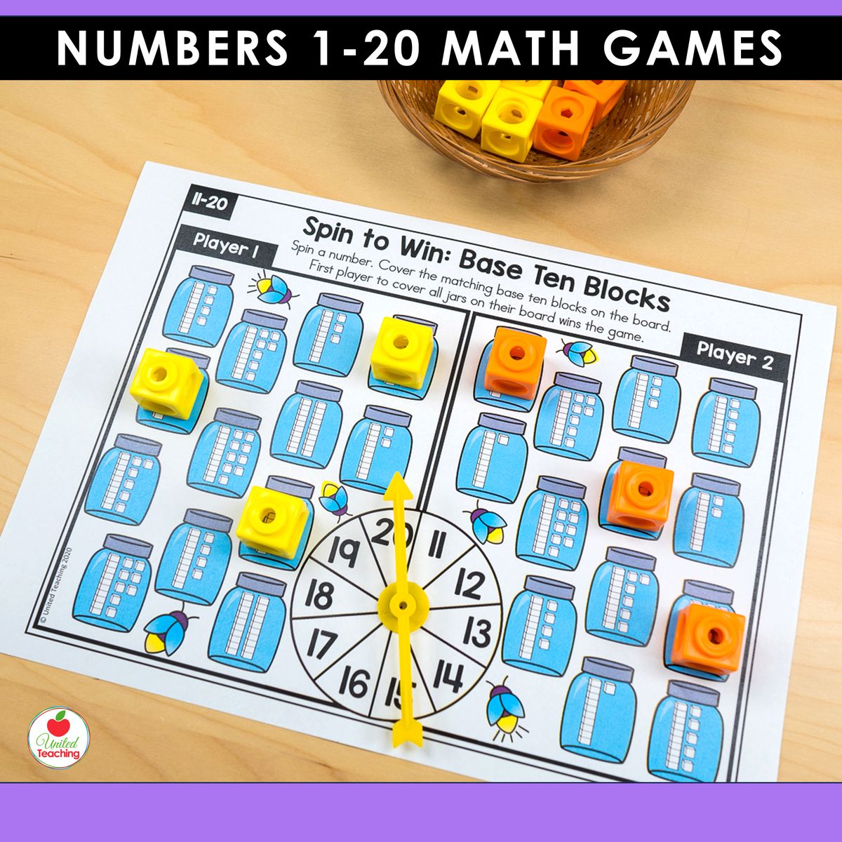 Base Ten Blocks spin-and-cover partner game for numbers 11-20 from the Numbers 1-20 bundle showing two player boards with firefly jar images displaying base ten block representations