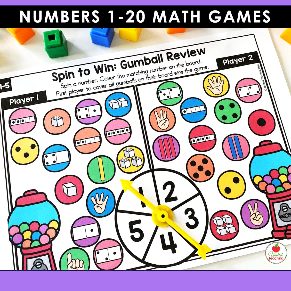 Gumball Review spin-and-cover partner game for numbers 1-5 from the Numbers 1-20 bundle showing two game boards with colourful gumballs displaying multiple number representations and a number spinner