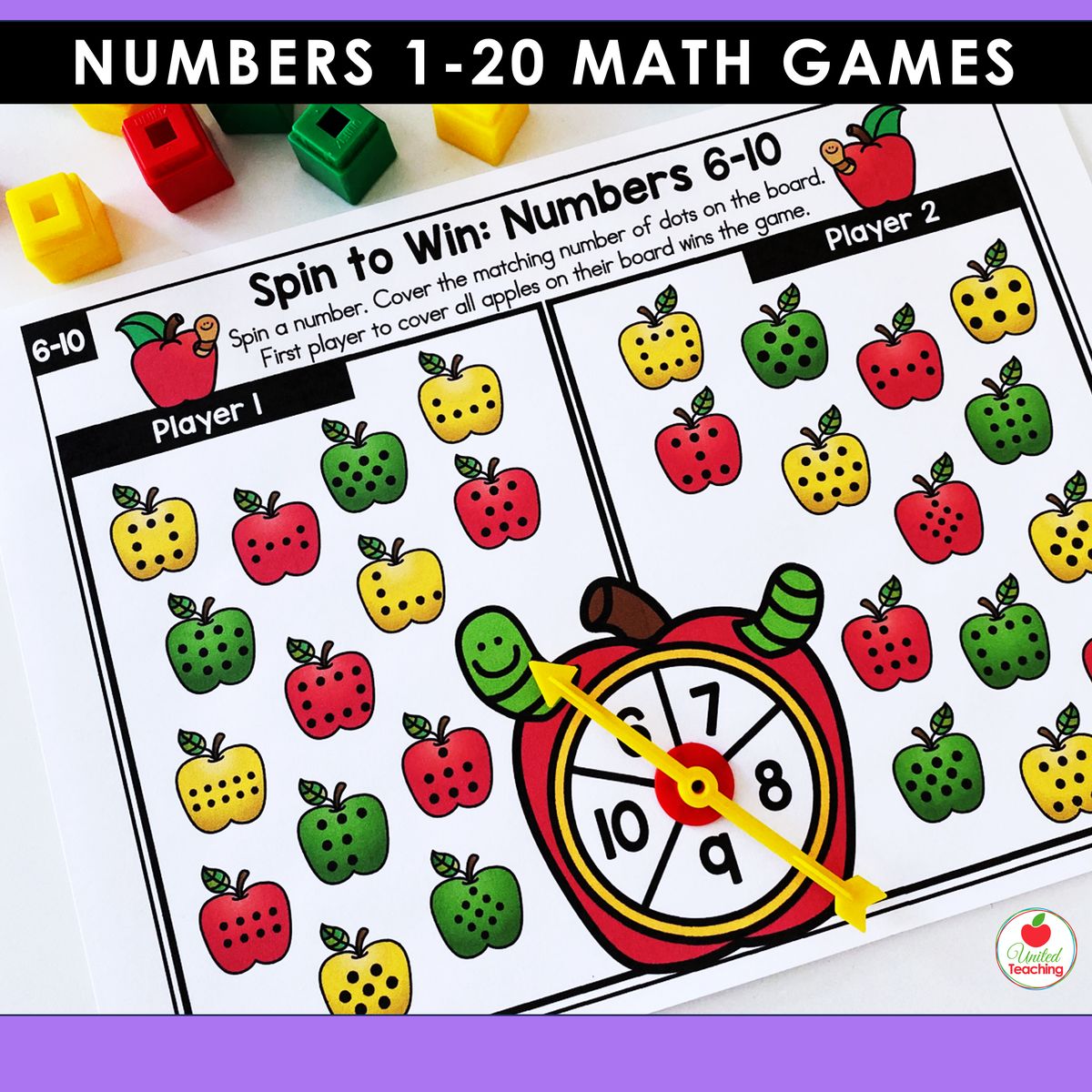 Numbers 6-10 spin-and-cover partner game from the Numbers 1-20 bundle showing two player boards with apple images displaying dot patterns and an apple-shaped number spinner