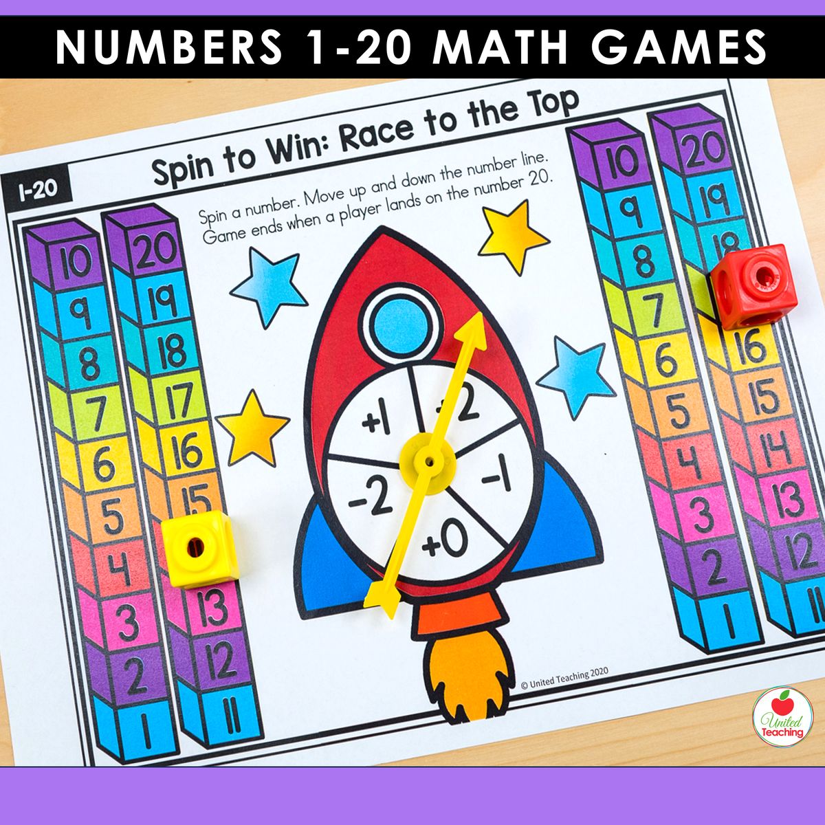 Race to the Top game for numbers 1-20 from the bundle showing a rocket with rainbow number towers and a plus and minus spinner for counting on and counting back