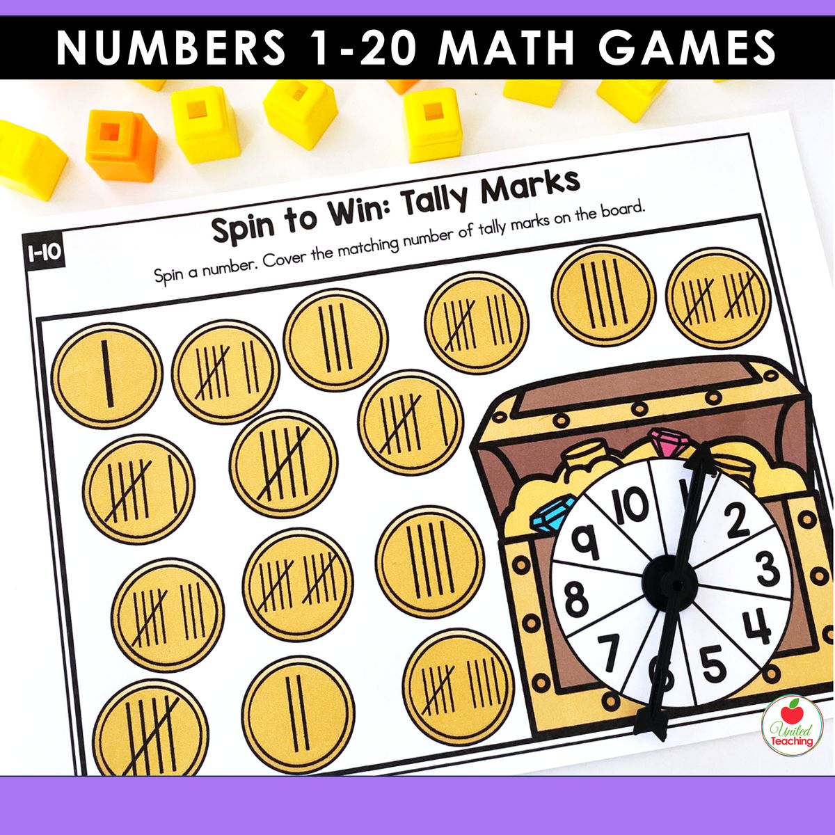 Tally Marks spin-and-cover game for numbers 1-10 from the Numbers 1-20 bundle showing a treasure chest themed game board with tally mark coins and a number spinner