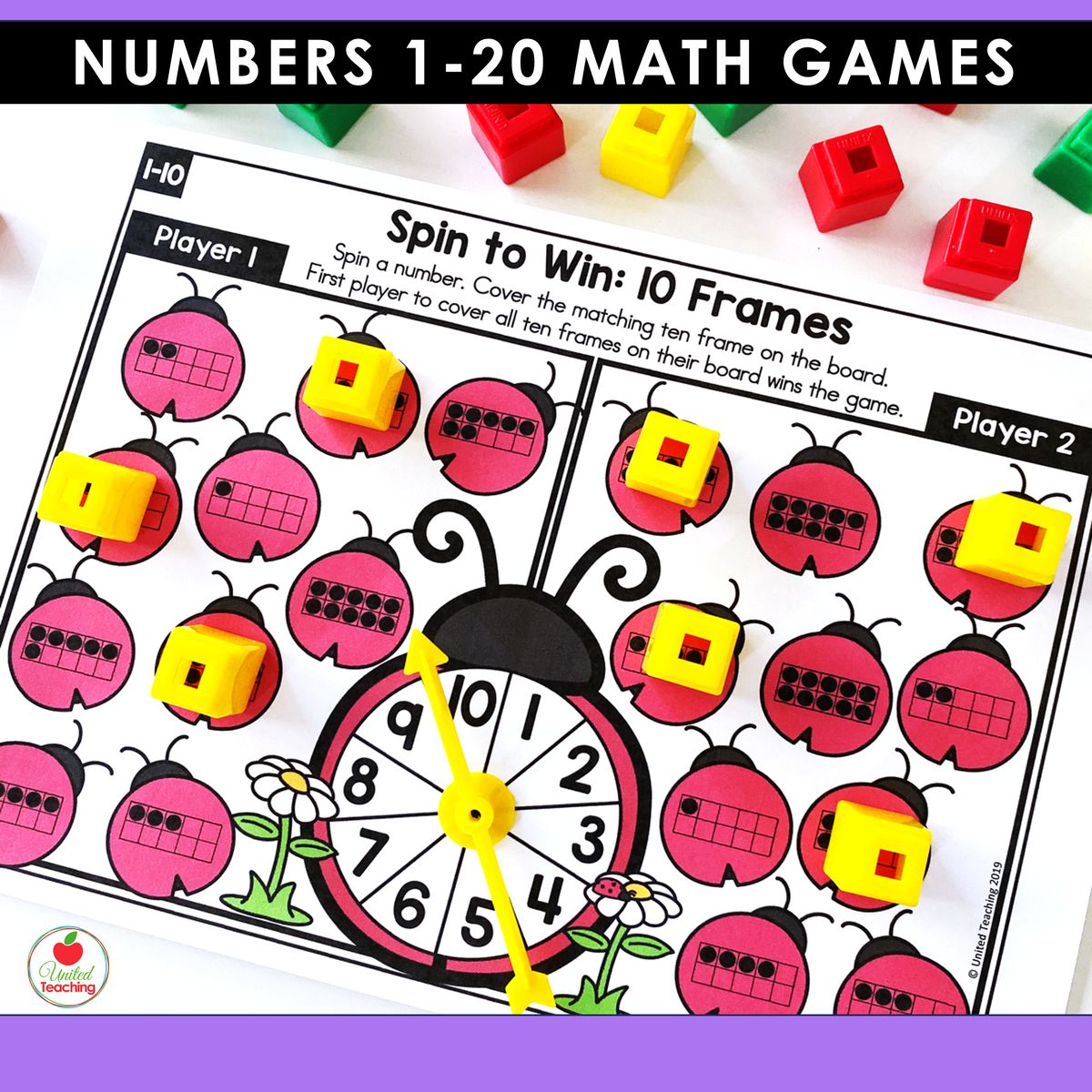Ten Frames spin-and-cover partner game for numbers 1-10 from the Numbers 1-20 bundle showing two player boards with ladybug images displaying ten frame representations