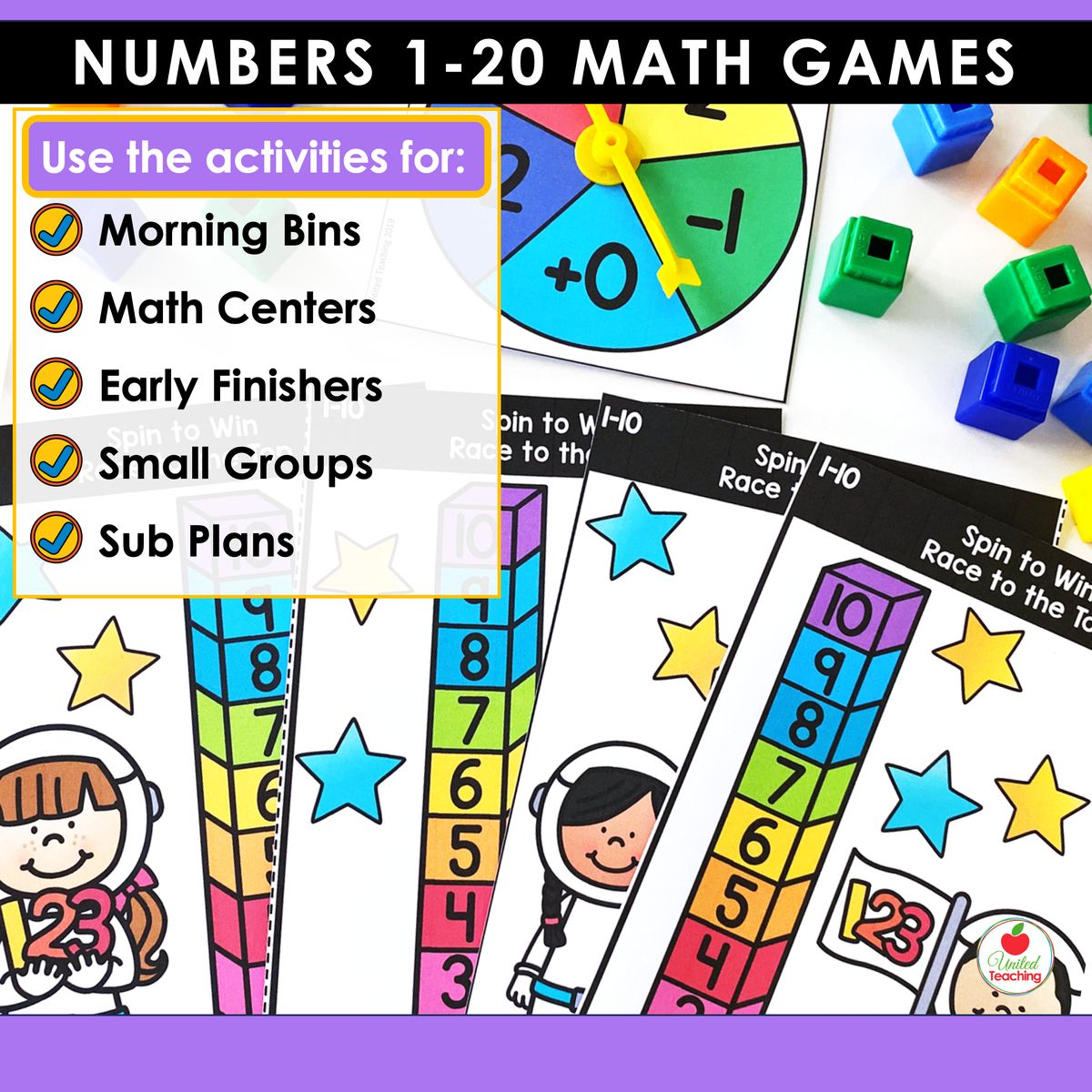 Numbers 1-20 math games bundle How to Use slide listing morning bins, math centers, early finishers, small groups, and sub plans, with the Race to the Top rocket number tower game