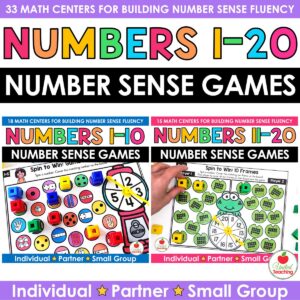 Numbers 1-20 Math Games Bundle product cover showing both the Numbers 1-10 and Numbers 11-20 number sense game sets — 33 math centers for individual, partner, and small group play in kindergarten