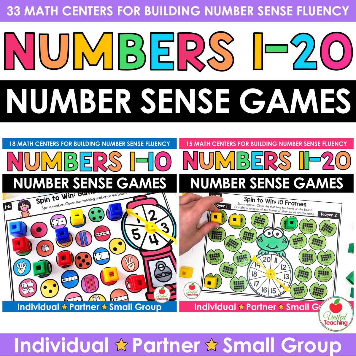 Numbers 1-20 Math Games Bundle product cover showing both the Numbers 1-10 and Numbers 11-20 number sense game sets — 33 math centers for individual, partner, and small group play in kindergarten