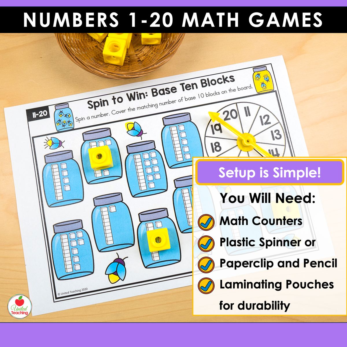 Numbers 1-20 math games bundle Setup is Simple slide showing materials needed — math counters, plastic spinner or paperclip and pencil, and laminating pouches — with a base ten blocks firefly jar spin-and-cover game