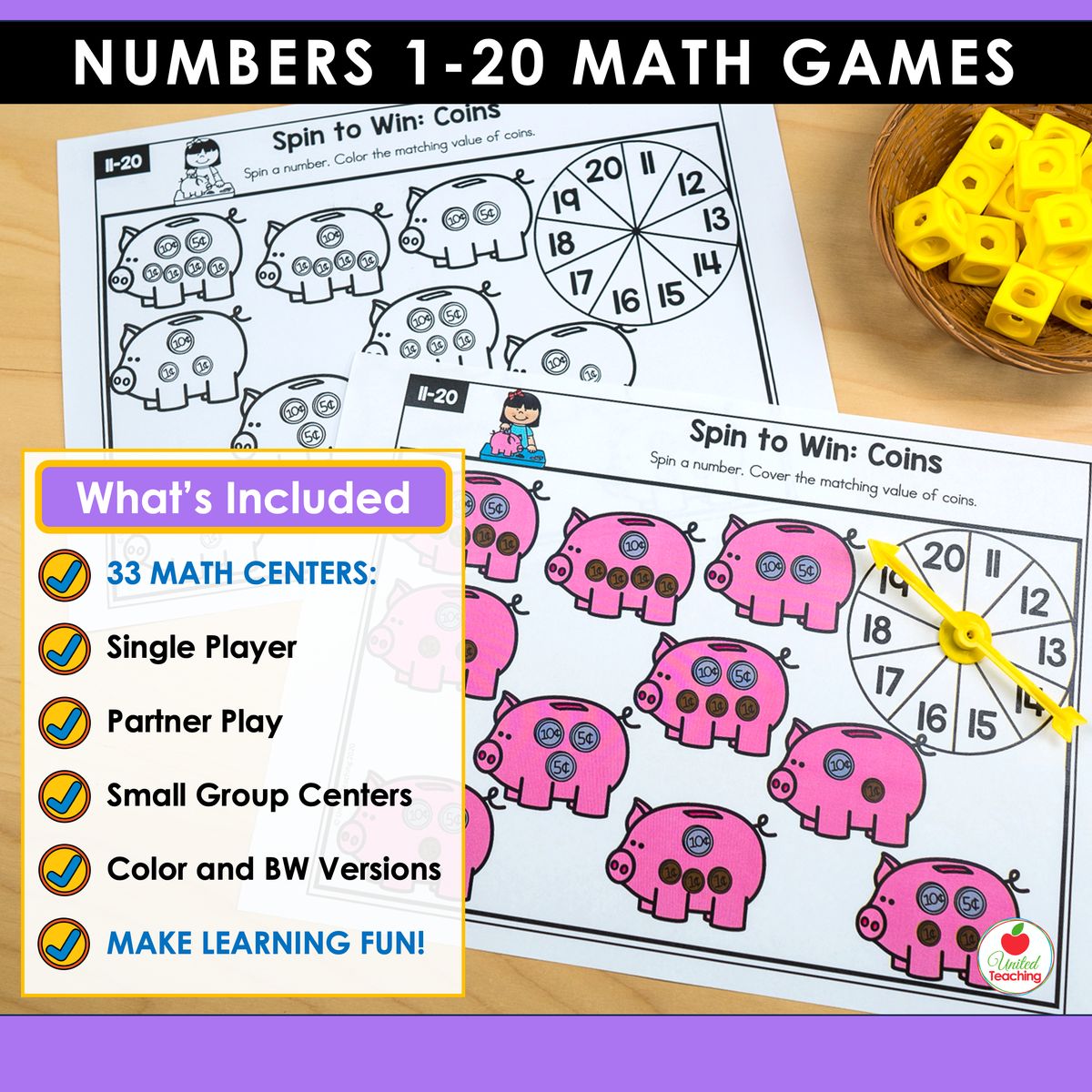 Numbers 1-20 math games bundle What's Included showing 33 math centers with single player, partner play, small group centers, and color and black-and-white versions, featuring a coins pig-themed spin-and-cover game