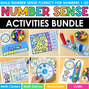 Number Sense Activities Bundle cover showing math centers, spinner games, worksheets, and number hat crafts for kindergarten numbers 1-20