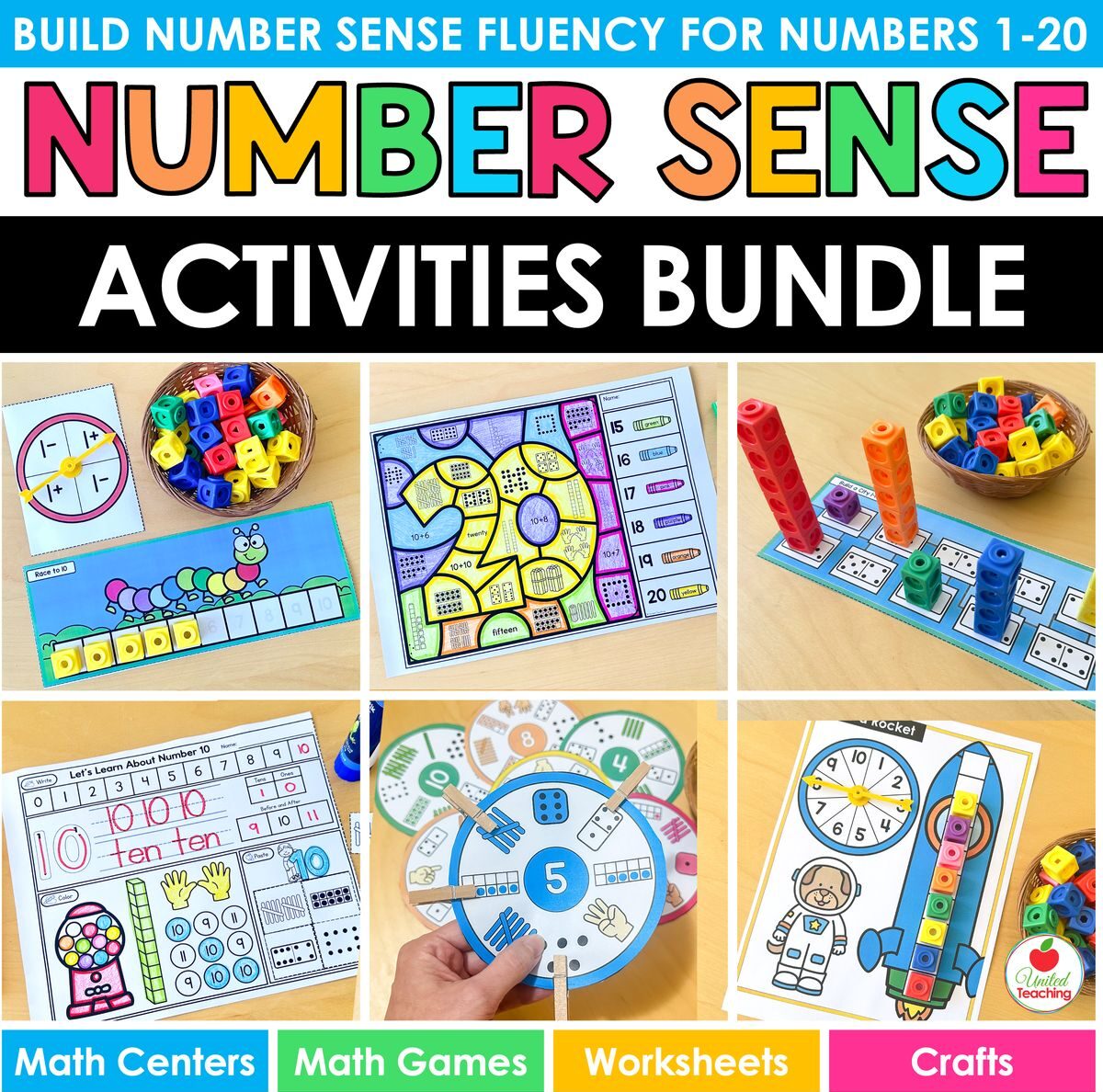 Number Sense Activities Bundle cover showing math centers, spinner games, worksheets, and number hat crafts for kindergarten numbers 1-20