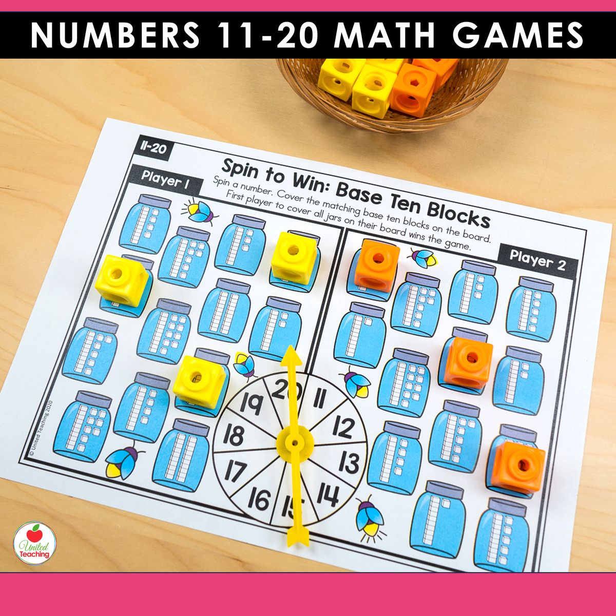 Base Ten Blocks spin-and-cover partner game for numbers 11-20 showing two player boards with firefly jar images displaying base ten block representations and a number spinner