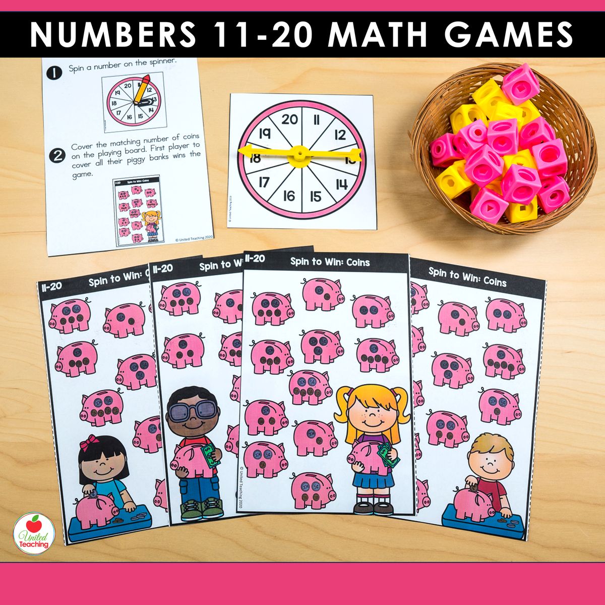Coins spin-and-cover game for numbers 11-20 showing four individual game boards with pink piggy banks displaying coin values alongside game instructions and a number spinner