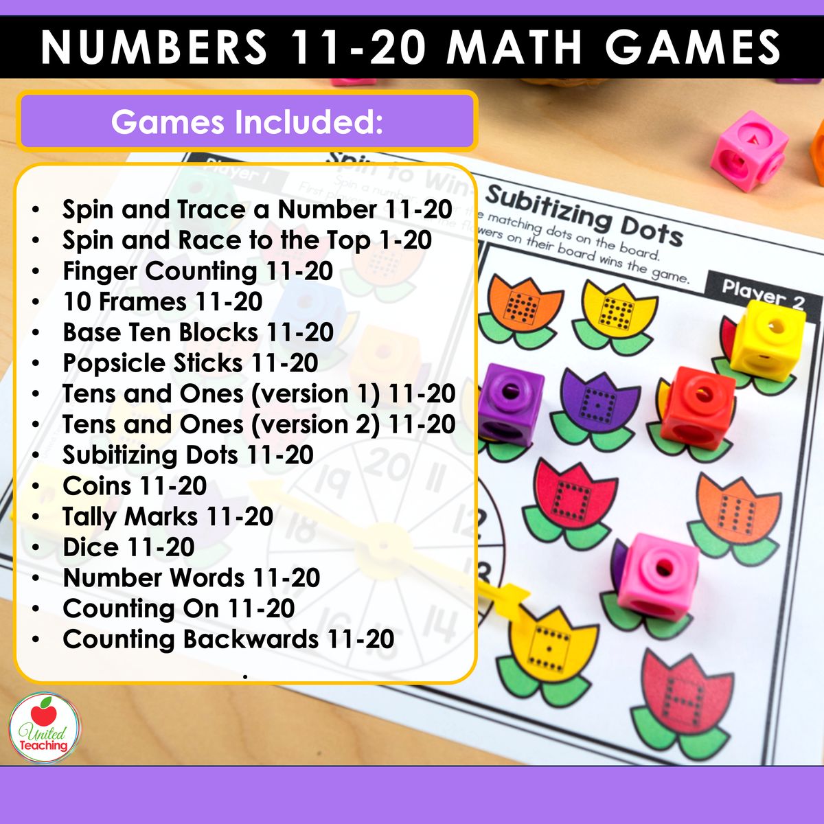 Full list of all 15 games in the Numbers 11-20 set of the bundle, from Spin and Trace a Number through Counting Backwards, shown beside a subitizing dots tulip spin-and-cover partner game
