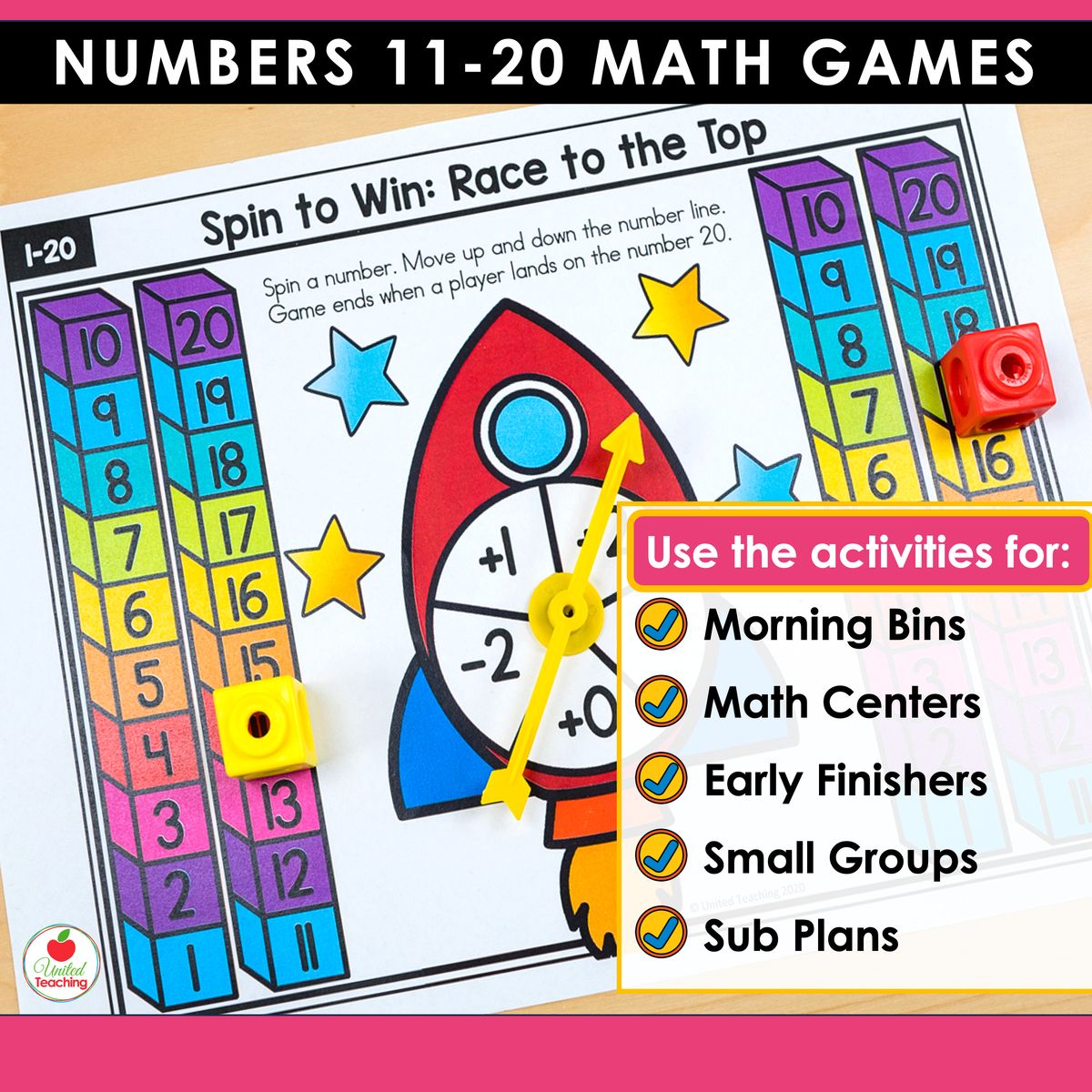 Numbers 11-20 math games How to Use slide listing morning bins, math centers, early finishers, small groups, and sub plans, with the Race to the Top 1-20 rocket game and plus and minus spinner