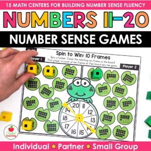 Numbers 11-20 number sense games product cover showing a ten frames frog-themed spin-and-cover partner game mat with math cubes and a number spinner for individual, partner, and small group play