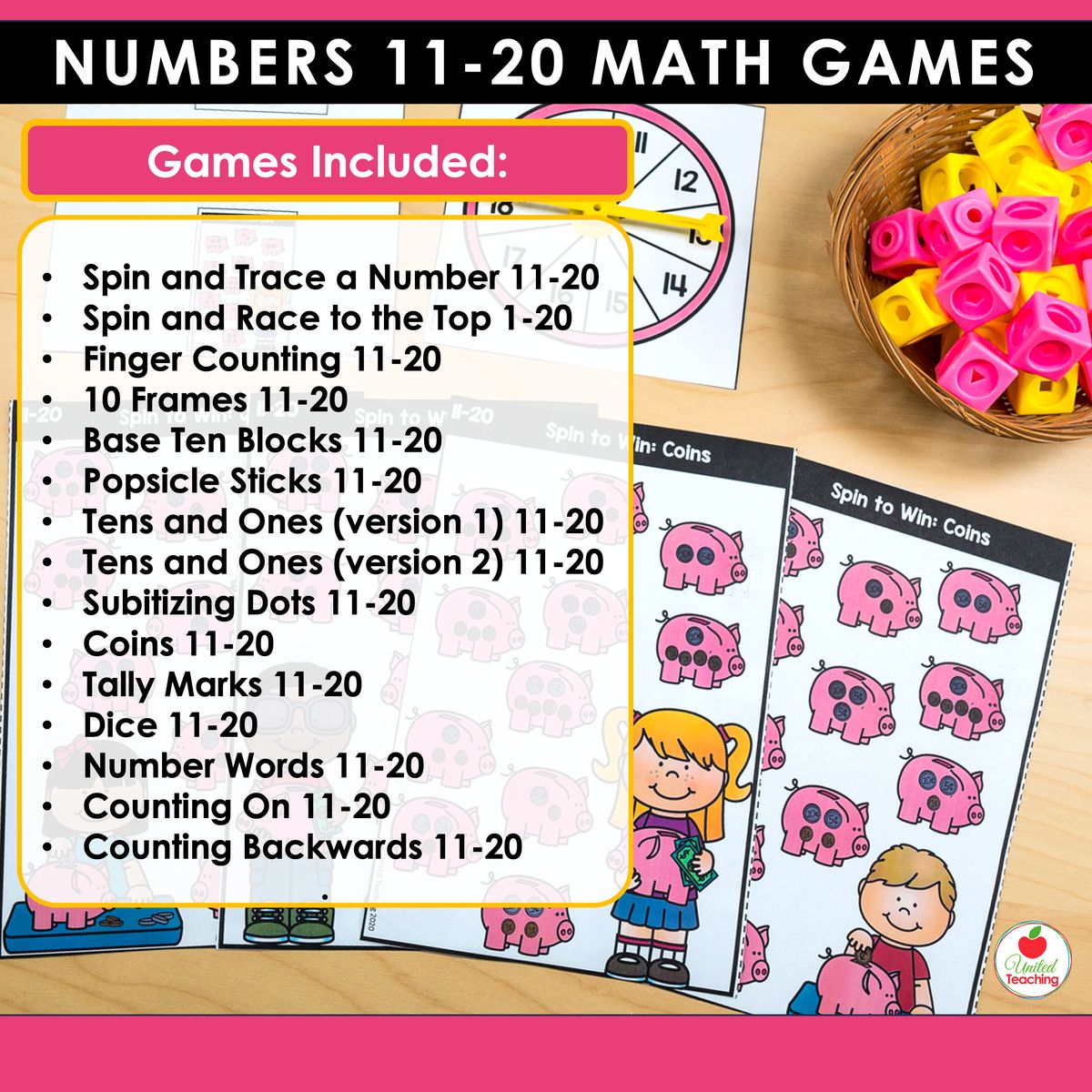 Full list of all 15 games included in the Numbers 11-20 math centers, from Spin and Trace a Number through to Counting Backwards, shown beside a ten frames frog-themed spin-and-cover game
