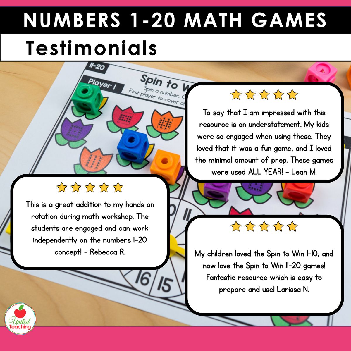 Five star teacher reviews for Numbers 11-20 math spinner games shown alongside a subitizing dots tulip-themed spin-and-cover game board with math cubes