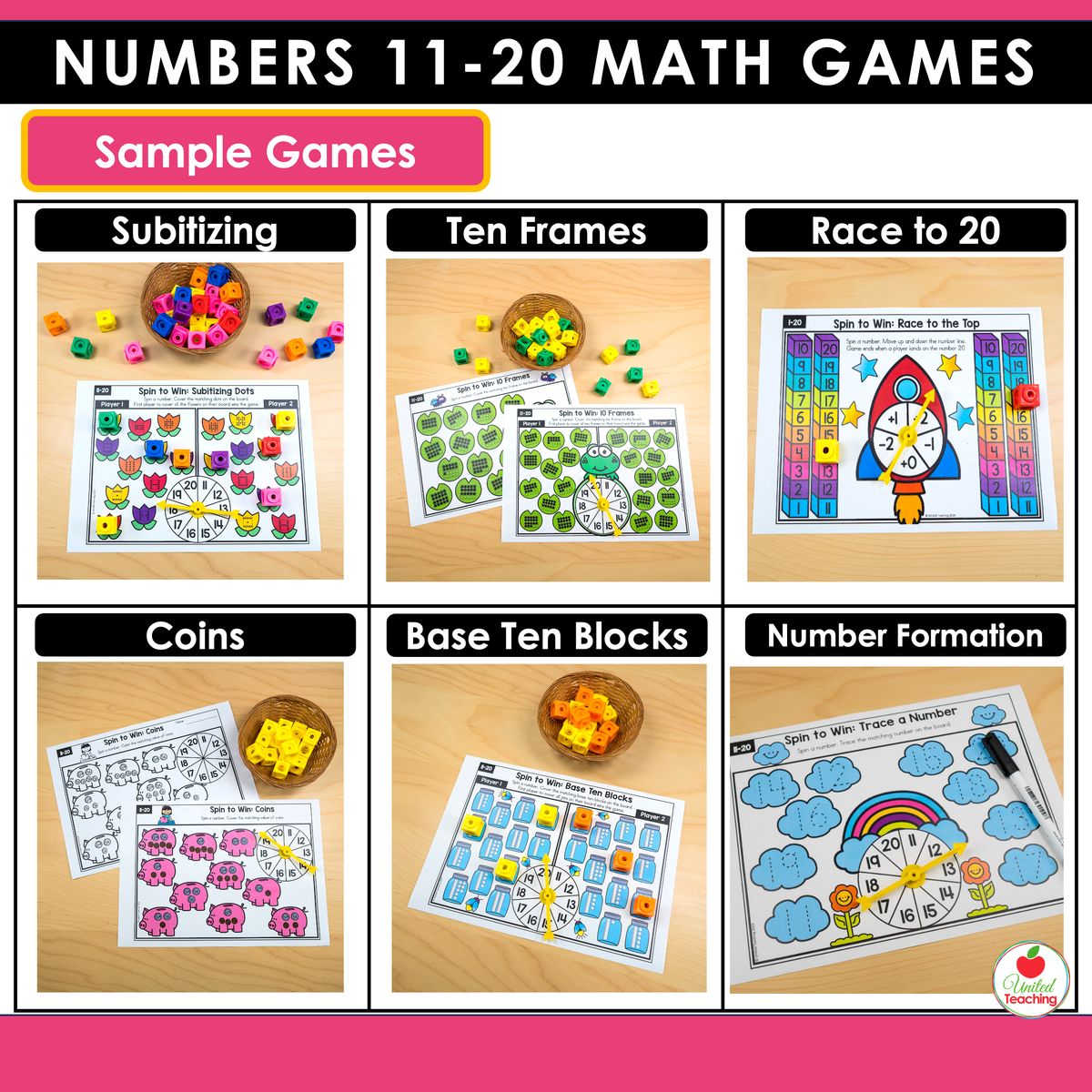 Sample games from the Numbers 11-20 math centers showing subitizing, ten frames, race to 20, coins, base ten blocks, and number formation game boards