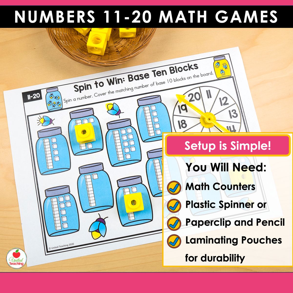 Numbers 11-20 math games Setup is Simple slide showing materials needed — math counters, plastic spinner or paperclip and pencil, and laminating pouches — with a base ten blocks firefly jar spin-and-cover game