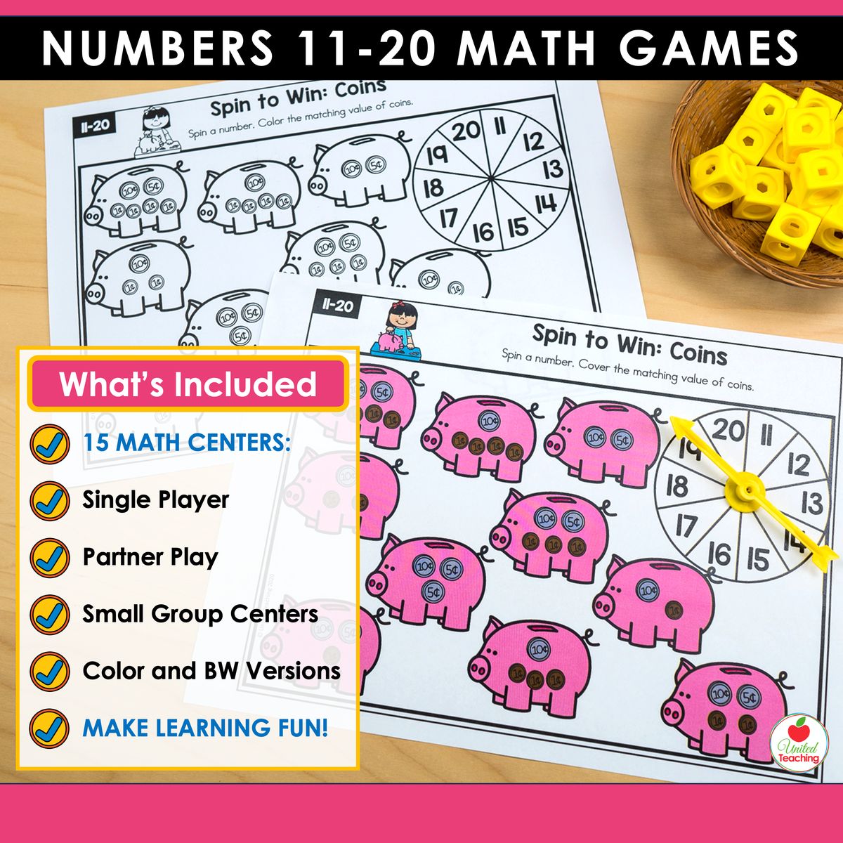 Numbers 11-20 math games What's Included slide showing 15 math centers with single player, partner play, small group centers, and color and black-and-white versions, featuring a coins pig-themed spin-and-cover game