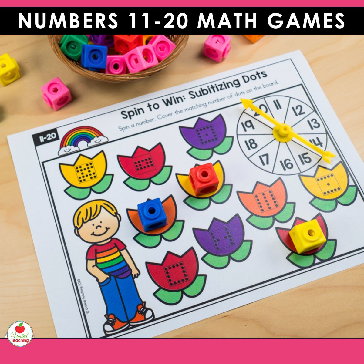 Subitizing Dots spin-and-cover game for numbers 11-20 showing a rainbow-themed individual game board with tulip flowers displaying dot patterns and a number spinner with math cubes