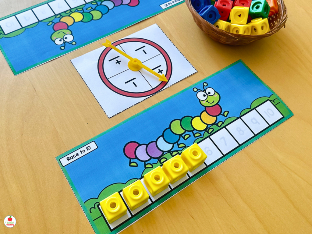 Race to 10 caterpillar number path activity mat with yellow math cubes racing along the numbered caterpillar to 10