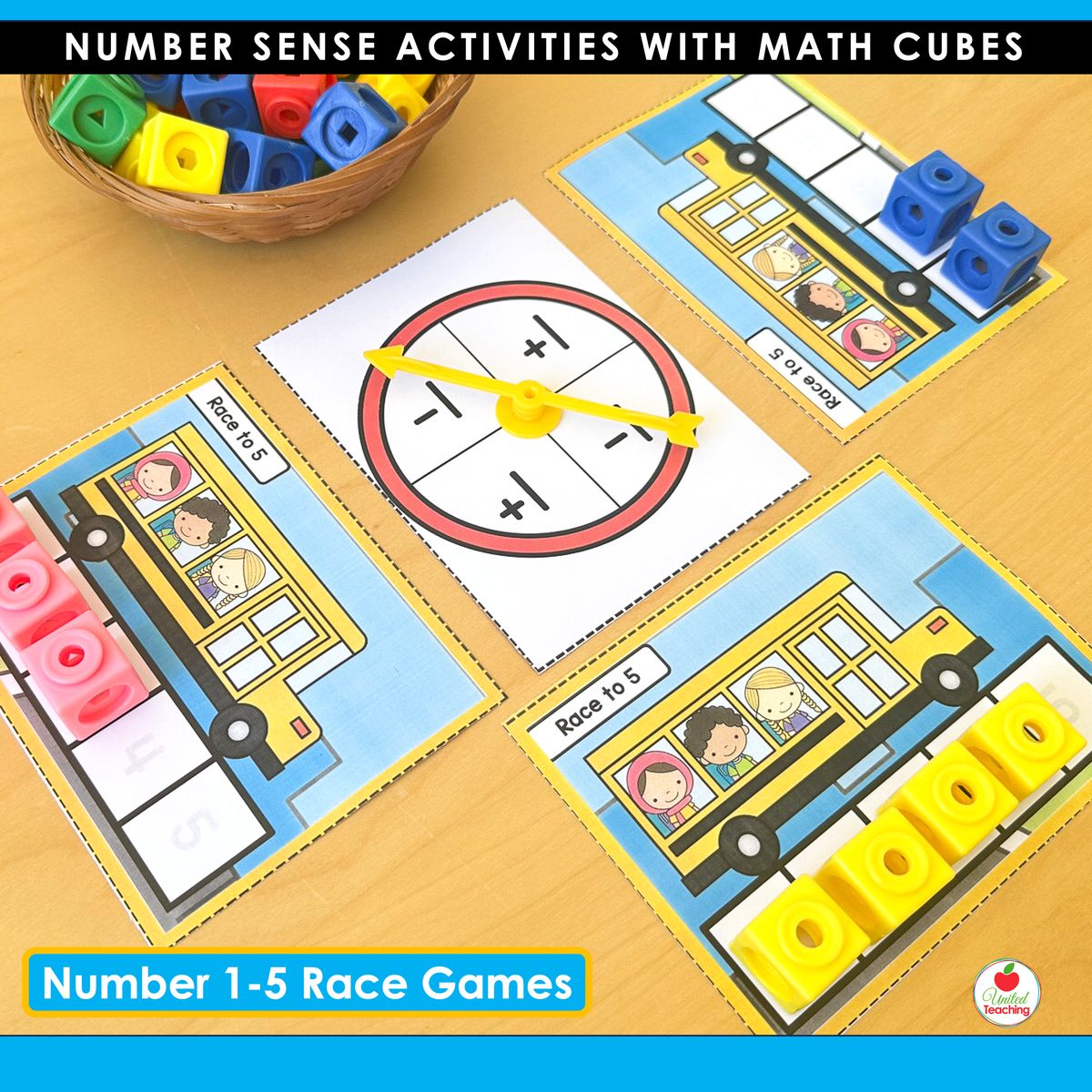 Race to 5 partner games with bus theme mats and plus one minus one spinner using math cubes for kindergarten number sense