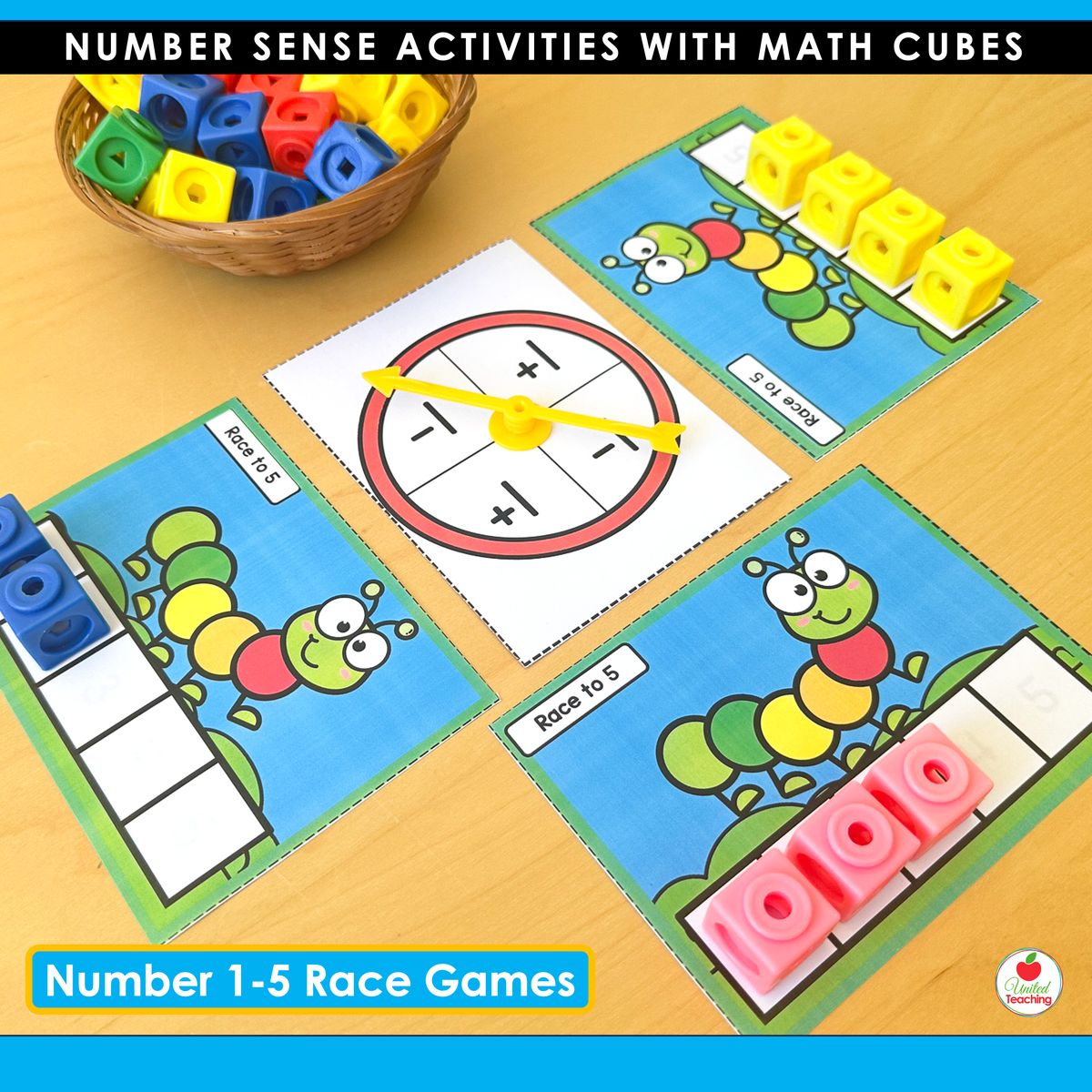 Race to 5 partner games with caterpillar theme mats and spinner using math cubes for kindergarten number sense practice