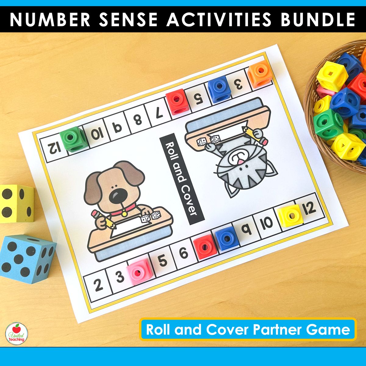 Roll and Cover partner game board with large foam dice and math cubes covering numbers 2-12 for kindergarten addition practice