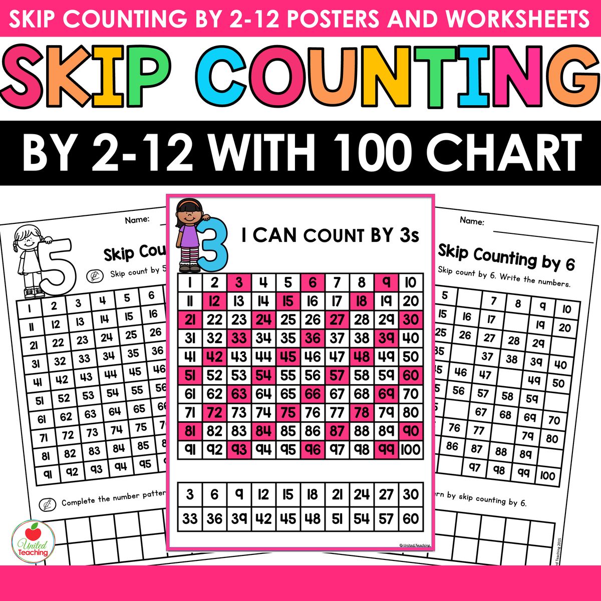 Skip counting by 2-12 with 100 chart resource showing an I Can Count by 3s poster alongside 100 chart coloring and fill-in worksheets