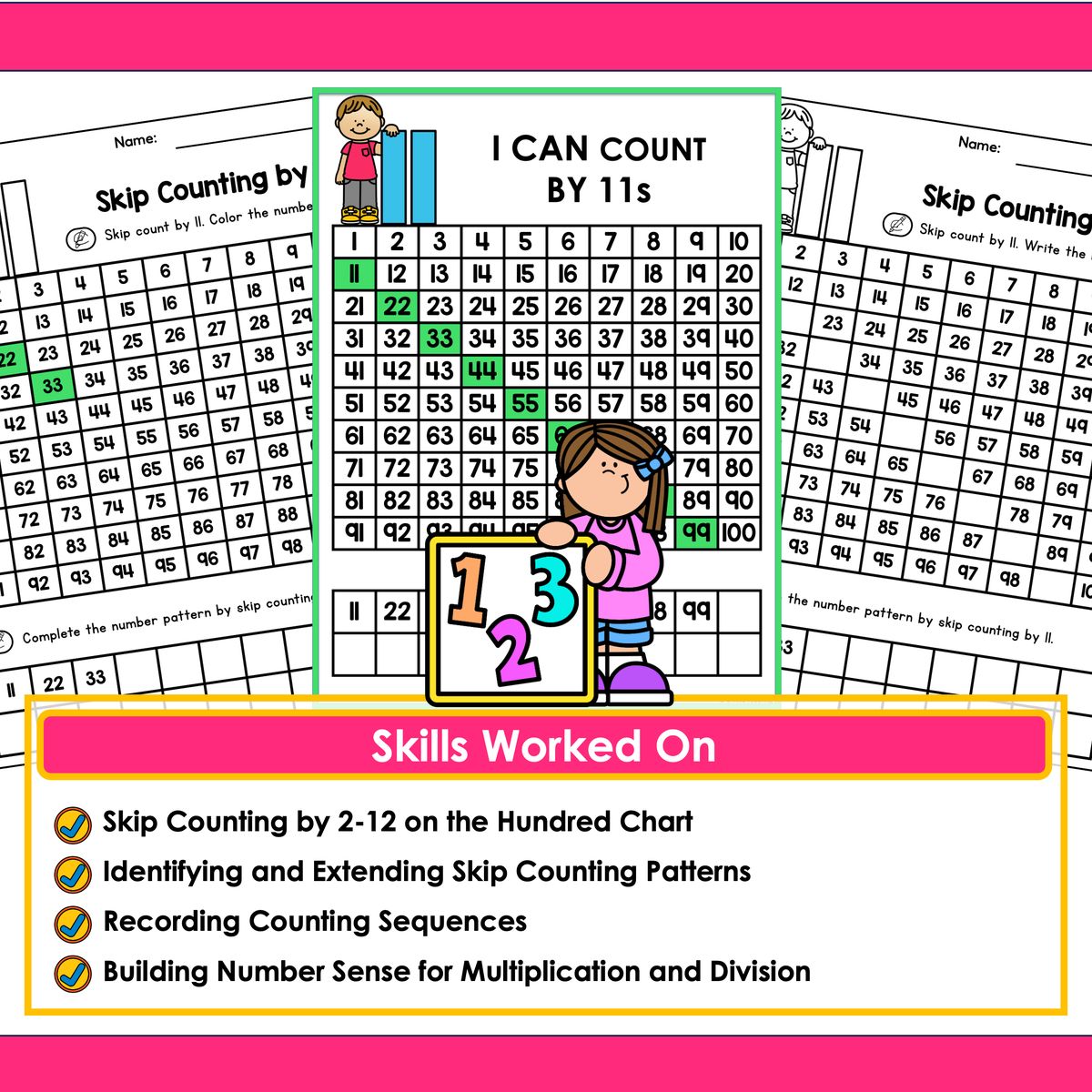 Skills covered in the skip counting worksheets: skip counting by 2-12 on the hundred chart, identifying and extending skip counting patterns, recording counting sequences, and building number sense for multiplication and division
