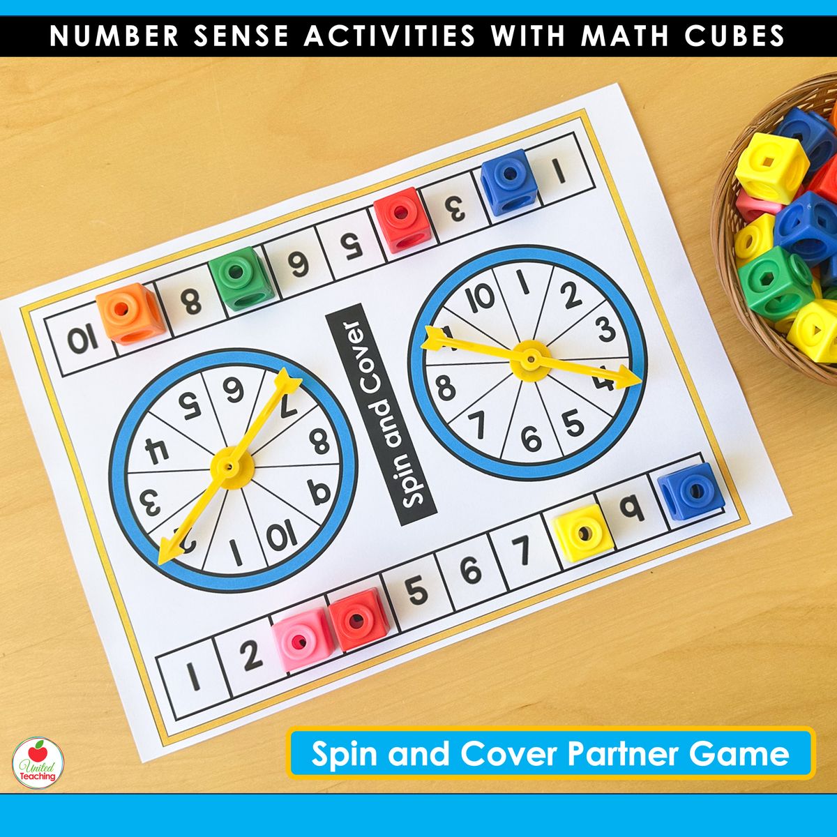Spin and Cover partner game board with two number spinners covering numbers 1-11 and 1-10 played with math cubes for kindergarten