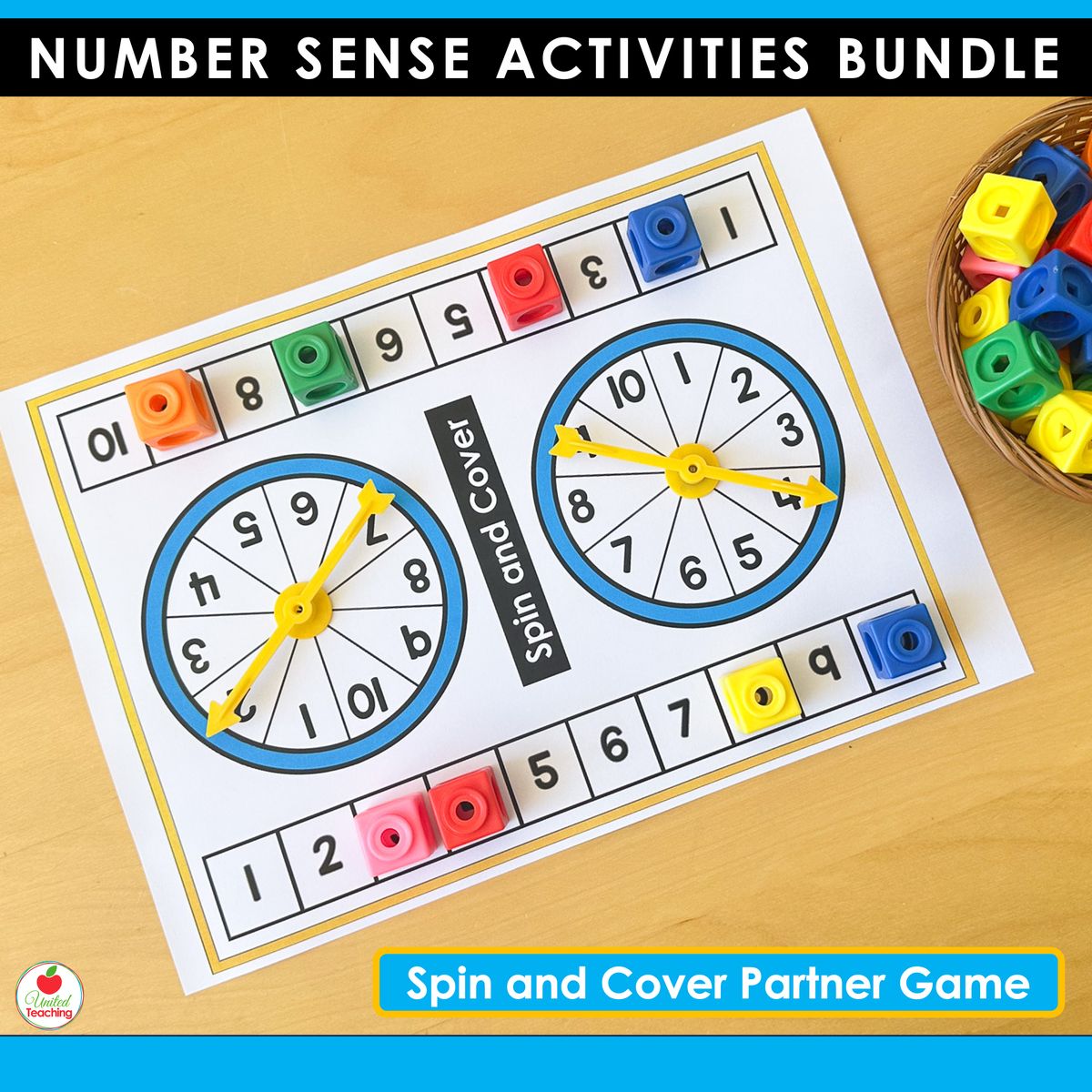 Spin and Cover partner game board for numbers 1-10 with two spinners and math cubes covering the number track