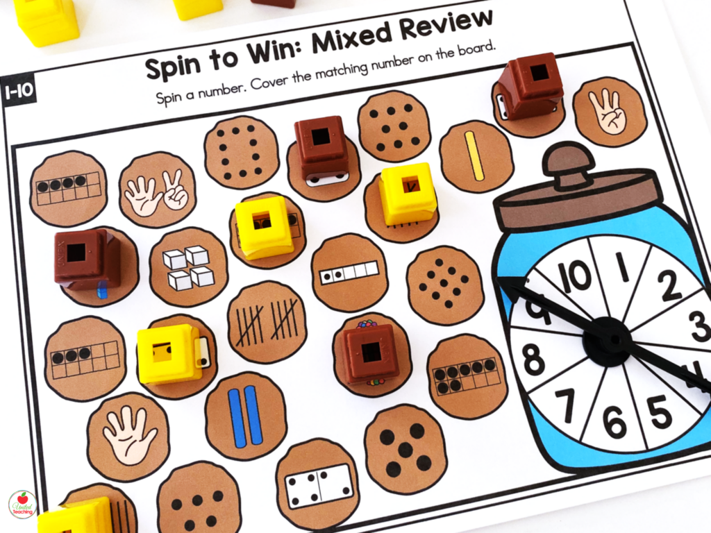 Spin to Win Mixed Review spinner game with cookie jar theme covering multiple number representations for numbers 1-10