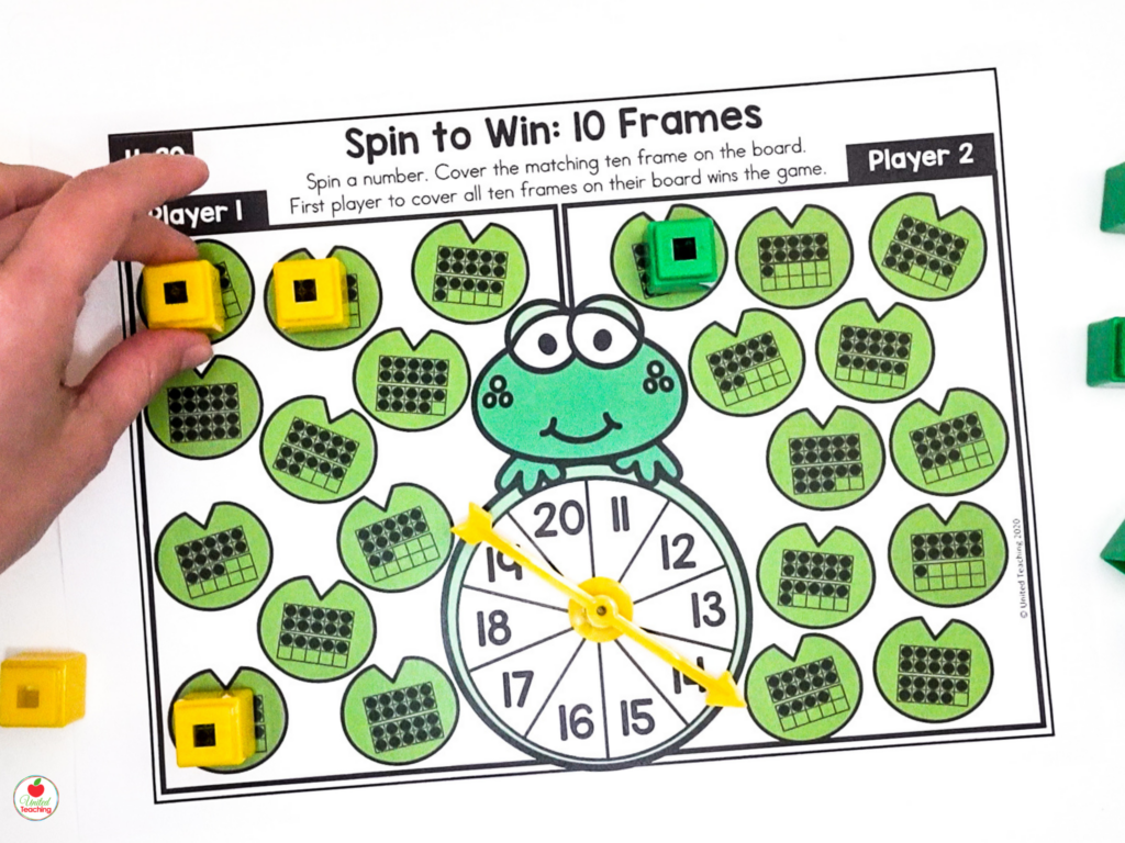 Spin to Win 10 Frames game board for numbers 11-20 with frog and lily pad theme showing teen number ten frame representations